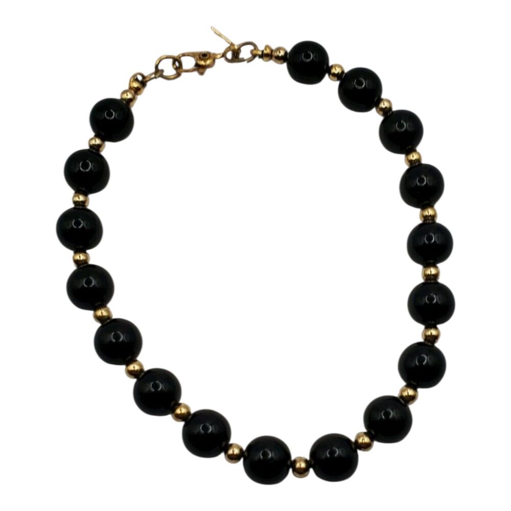 Vintage Monet Bracelet Round Beads Black With Goldtone Spacers 7"